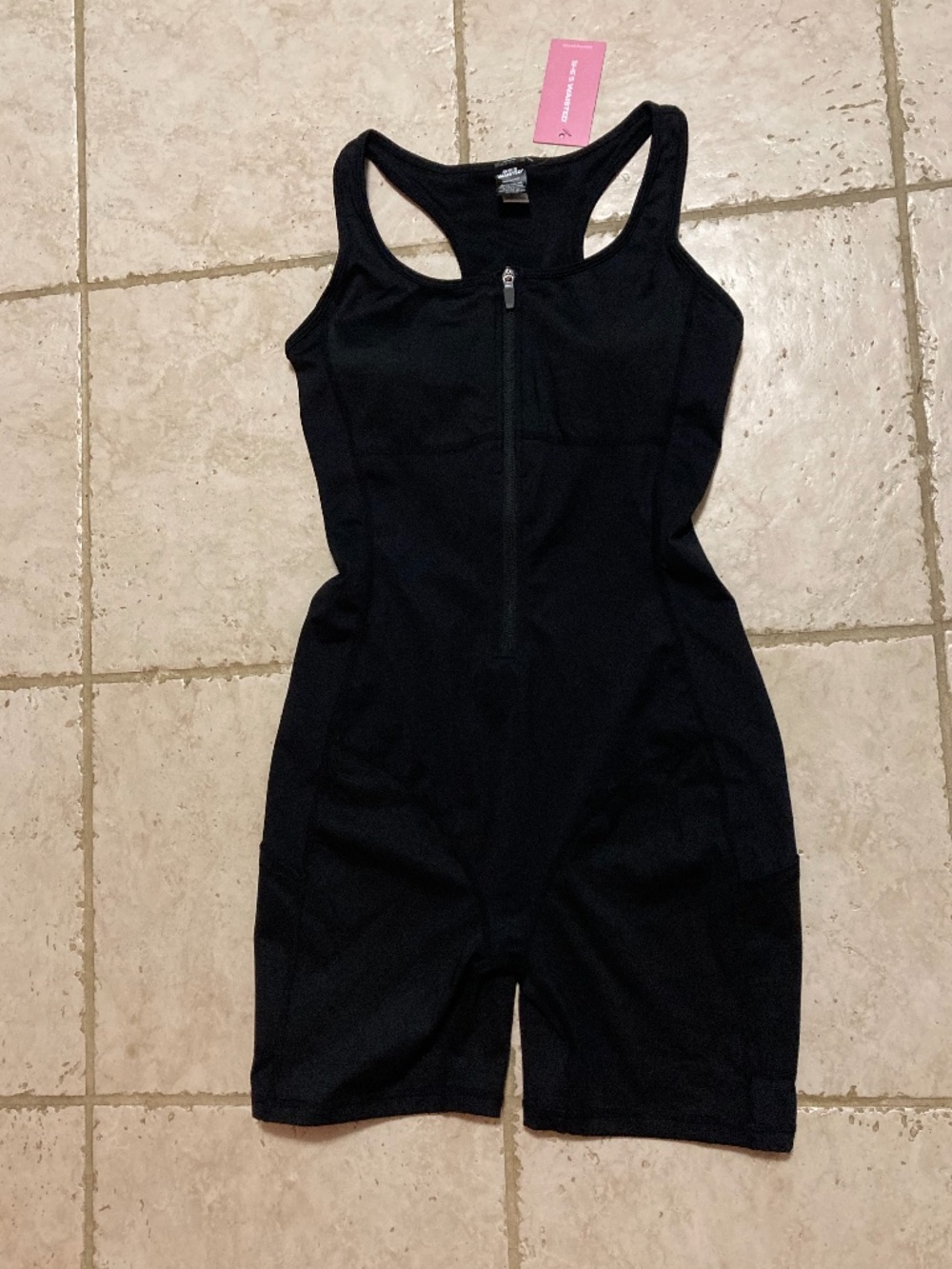 NWT She's Waisted Black Bodysuit Shorts and Racerback Top Size Large Zip Front